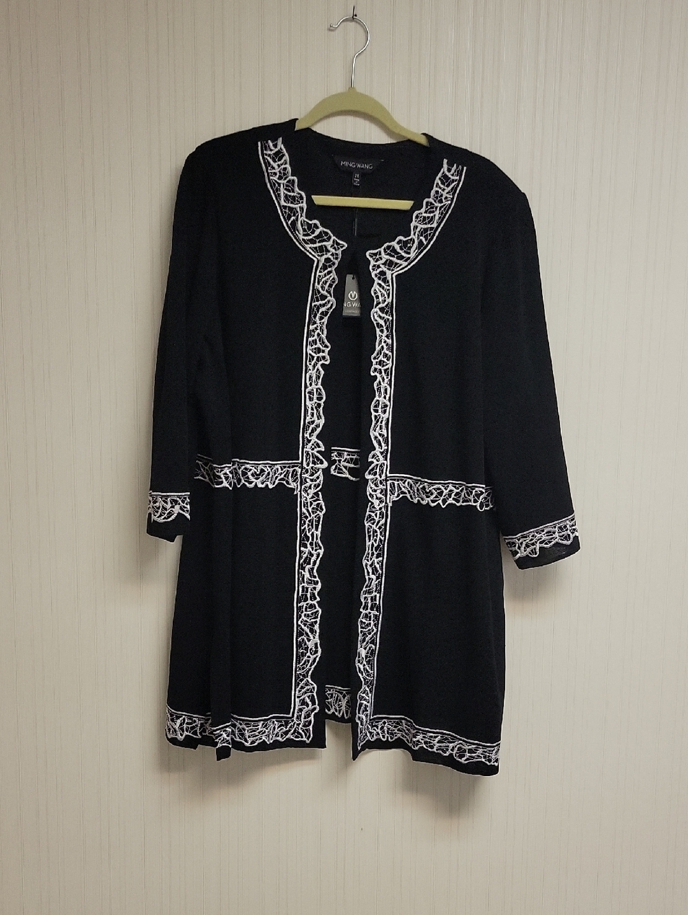 Ming Wang Black Cardigan w/White Embroidered Trim XL New Quiet Luxury